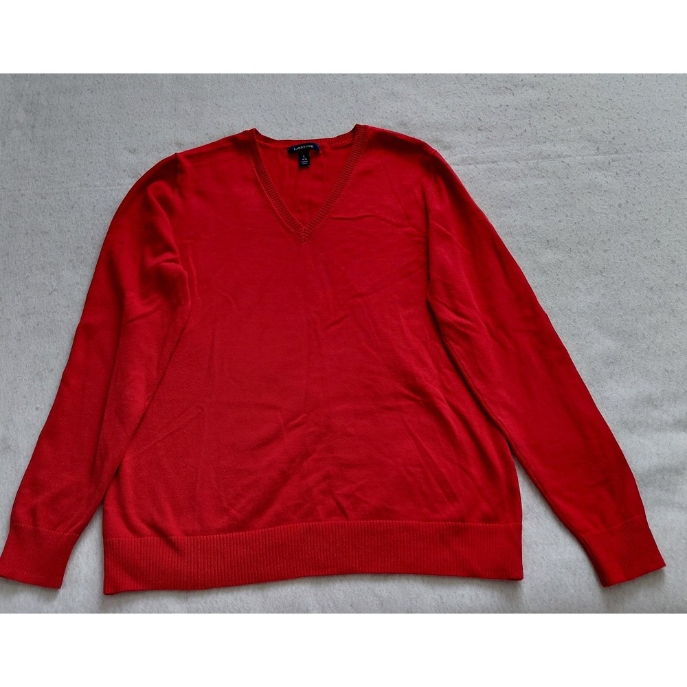 Lands End Supima Cotton V Neck Sweater Womens Red Size L 14 16 Stretch Pullover